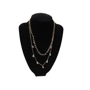 Multi-Colored 2 Tier Rhinestone Gold Tone Chain Long Necklace‎ Boho